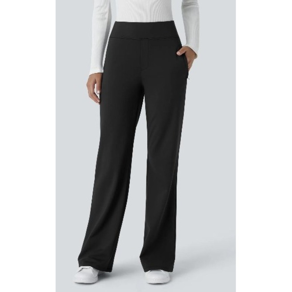 Halara Womens Black High Waisted Wide Leg Dress Pants Zipper Pockets S Regular